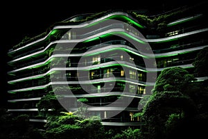 Contemporary apartment building modern architecture with sleek design illuminated at night Ai generative