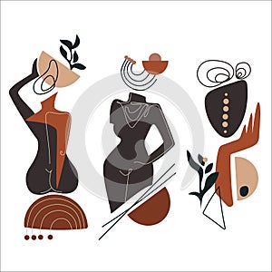 Contemporary art Abstract female figures vector set on white background. Collection of suurereal women