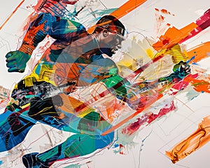 Contemporary art blending abstract expression and sport showcasing an athlete in motion through vibrant