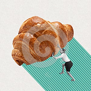 Contemporary art colage of young woman pushing big croissant isolated over beige background