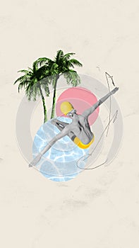 Contemporary art collage. Abstract artwork. Top view of man in swimsuit jumping into clear water to refresh yourself on