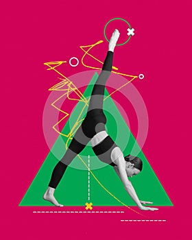 Contemporary art collage with adorable sporty girl doing exercises over pink background. Pilates, yoga training