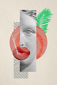 Contemporary art collage with anique statue bust. Colorful design for lip agmentation, surgery and cosmetology treatment photo