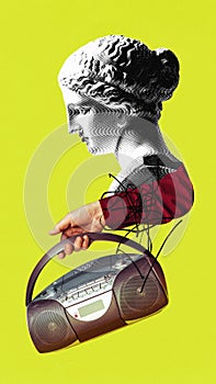 Contemporary art collage. Antique Greek statue holds retro stereo system and listening popular music soundtracks against