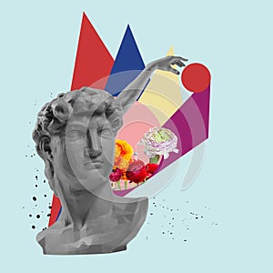 Contemporary art collage with antique statue bust in a surreal style.