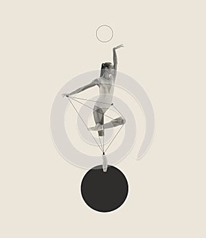 Contemporary art collage with artistic young ballerina dancing on drawn ball isolated over grey background. Line art