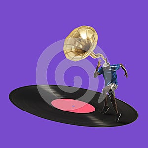 Contemporary art collage of athlete with trumpet heaad running on vinyl record isolated over purple background