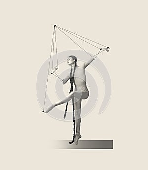 Contemporary art collage with beautiful woman, ballerina dancing on strings like puppet isolated over grey background