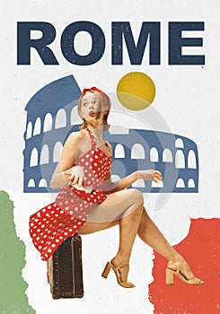 Contemporary art collage. Beautiful young girl in red dress over background with famous italian landmark, historical