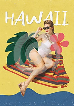 Contemporary art collage. Beautiful young girl in swimming suit having summer vacation in hawaii. Colorful background