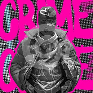 Contemporary art collage. Black and white man wearing balaclava isolated over gray background with pink crime lettering