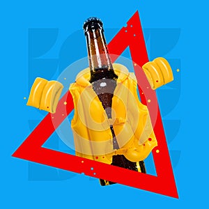 Contemporary art collage. Bottle of cold beer in life vest in red triangle isolated over blue background