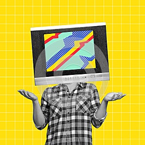 Contemporary art collage. Bright design. Man in checkered shirt with retro TV head over yellow background. Mass media