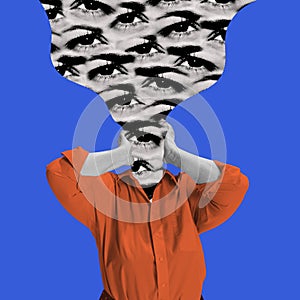 Contemporary art collage. Bright design. Woman holding endless flow from head with many human eyes. Social media