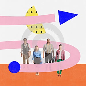 Contemporary art collage with business people standing together as team over colorful background with geometric shapes