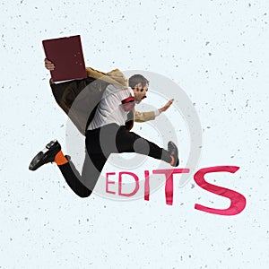 Contemporary art collage. Businessman running, jumping over edit word symbolizing important amendments in the project