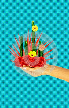 Contemporary art collage. Cactus flowers lover concept