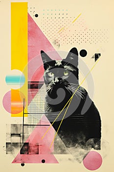 Contemporary art collage with cat, abstract organic shape and suculent