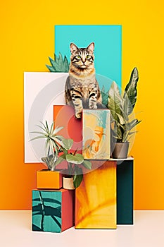 Contemporary art collage with cat, abstract organic shape and suculent