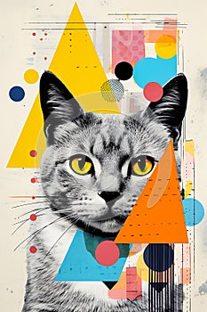 Contemporary art collage with cat, abstract organic shape and suculent