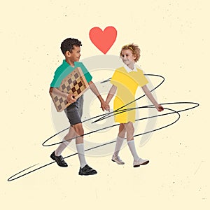 Contemporary art collage. Cheerful children. boy and girl holding hands and walking to play chess. Friendship