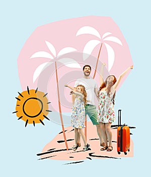 Contemporary art collage. Cheerful, happy family on summer vacation on the beach. Palms, ocean, sun