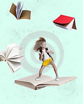 Contemporary art collage of child, girl flying on open book isolated over mint background