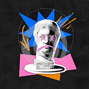 Contemporary art collage. Classical bust with marks on eyes, with vivid blue starbursts and abstract pink, orange, and