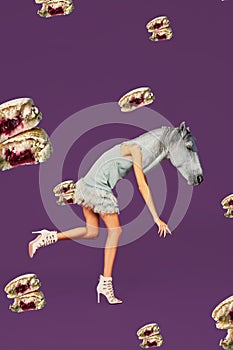 Contemporary art collage. Concept woman with horse head.