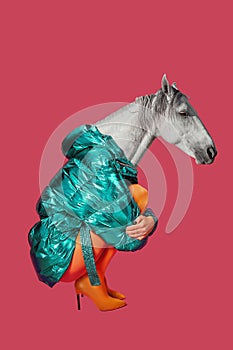 Contemporary art collage. Concept woman with horse head.