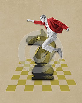 Contemporary art collage. Conceptual design. Motivated employee, man sitting on chess figure and moving forward. Way to