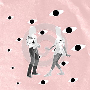 Contemporary art collage. Conceptual image with dancing man and woman standing under drawn giant eyes looking and making