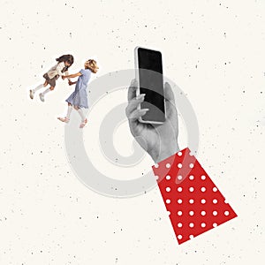 Contemporary art collage. Conceptual image. Woman's hand recording video of two girls, children dancing, having fun