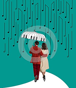 Contemporary art collage with couple walking under rain of music notes isolated over blue background. Concept of ideas