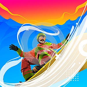 Contemporary art collage. Creative artwork. Professional sportsman, snowboarder in sportswear snowboarding isolated