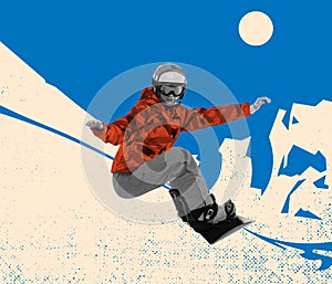 Contemporary art collage. Creative artwork. Professional sportsman, snowboarder in sportswear snowboarding isolated