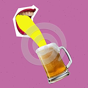 Contemporary art collage. Creative colorful design with giant female mouth and lagger foamy beer isolated over pink photo