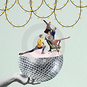 Contemporary art collage. Creative colorful design. Group of young people dancing on disco ball, having party