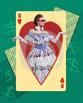 Contemporary art collage. Creative design. Beautiful woman in costume of medieval queen standing inside playing card