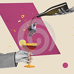 Contemporary art collage. Creative design. Businessman diving into delicious cocktail. Friday party time, weekend fun