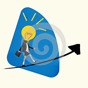 Contemporary art collage. Creative design. Businessman going up with lightbulb on arrow as a symbol of career. Concept