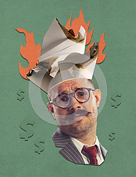Contemporary art collage. Creative design. Businessman having burning papers inside head symbolizing business breakdown