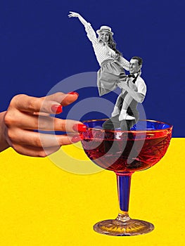 Contemporary art collage. Creative design. Cheerful couple dancing inside delicious alcohol cocktail. Party time