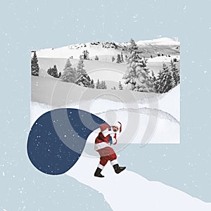 Contemporary art collage. Creative design. Cheerful senior man, Santa Claus carrying giant box with presents. Surprise