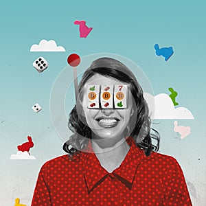 Contemporary art collage. Creative design. Cheerful smiling woman playing casino game and winning. Matching pictures