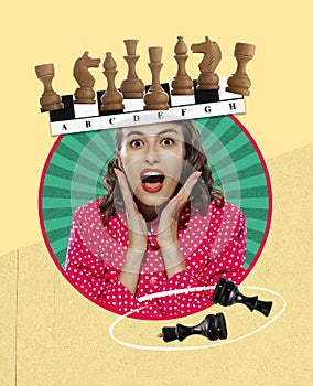 Contemporary art collage. Creative design. Excited, emotive young woman over yellow background. Chess, intellectual game