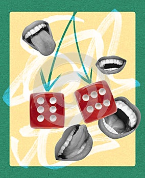 Contemporary art collage. Creative design. Female mouth in positive mood over game dice. Gambling games