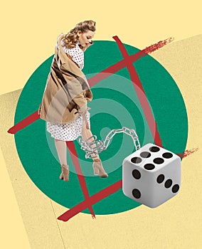 Contemporary art collage. Creative design. Game addiction. Young oman connected to game dice with chain