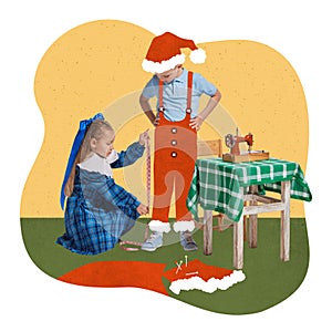 Contemporary art collage. Creative design. Little girl measuring legs of little boy. Children making holiday costumes