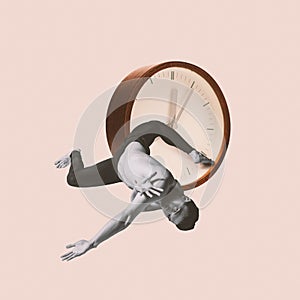 Contemporary art collage. Creative design. Man, dancer making flexible position over retro clock. Time matter